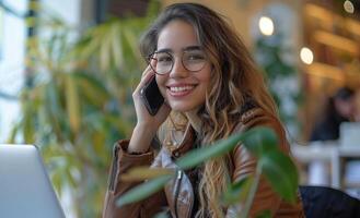 joven mujer hablando en teléfono en café tienda foto