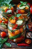 Three Jars of Pickled Vegetables on a Wooden Table photo