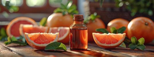 Grapefruit Oil Bottle and Oranges on Table photo