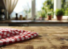 Red and White Checkered Cloth on Wooden Table photo