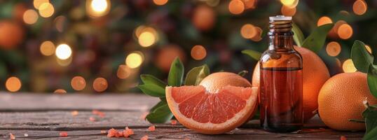 Grapefruit Oil Bottle and Oranges on Table photo