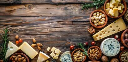 Various Types of Cheese on a Wooden Table photo