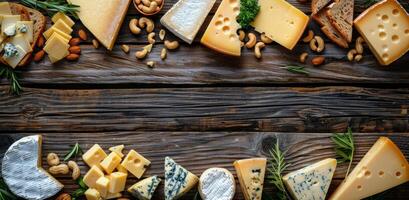 Various Types of Cheese on a Wooden Table photo