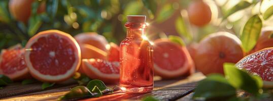 Grapefruit Oil Bottle and Oranges on Table photo