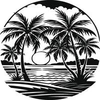 The summer beach. Silhouette palm trees and sunset. Design of greeting cards, posters, patches. vector