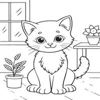 In the foreground a single baby cat in home . Cat in home coloring pages vector