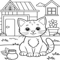 In the foreground a single baby cat in home . Cat in home coloring pages vector