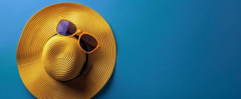 Yellow Hat and Sunglasses on Blue Background photo