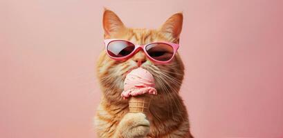 Cat Wearing Sunglasses Eating Ice Cream Cone photo