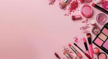 rosado productos cosméticos arreglado en rosado antecedentes foto