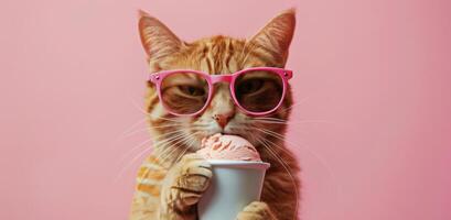 Cat Wearing Sunglasses Eating Ice Cream Cone photo