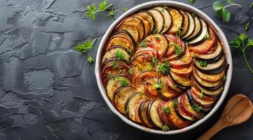 Bowl of Vegetable Stew on Table With Wooden Spoon photo