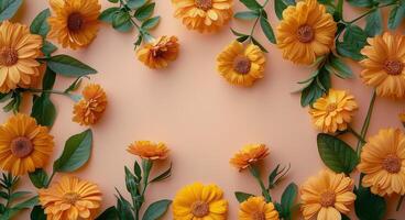 Yellow Flowers on a Pink Background photo
