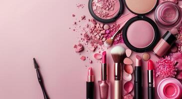 Pink Cosmetics Arranged on Pink Background photo