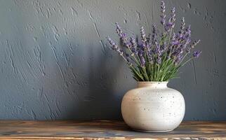 blanco florero con lavanda flores en de madera mesa foto