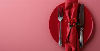 Red Plate With Knife and Fork photo