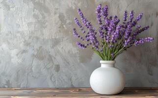 blanco florero con lavanda flores en de madera mesa foto