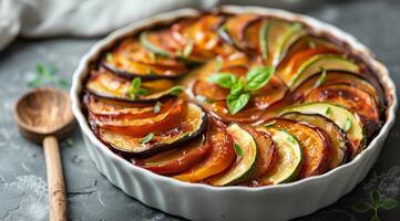 Bowl of Vegetable Stew on Table With Wooden Spoon photo