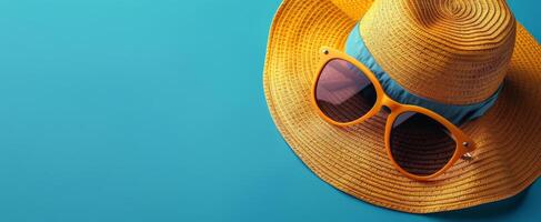 Yellow Hat and Sunglasses on Blue Background photo