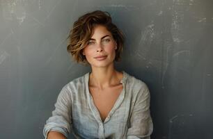 Woman Leaning Against Gray Wall photo