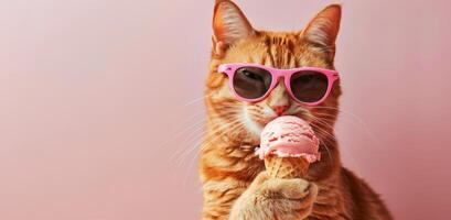 Cat Wearing Sunglasses Eating Ice Cream Cone photo