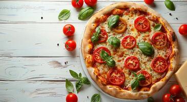 Delicious Pizza With Tomatoes and Cheese on Wooden Table photo