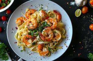 Plate of Pasta With Shrimp and Vegetables photo