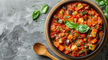 Bowl of Vegetable Stew on Table With Wooden Spoon photo
