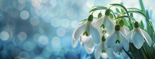 Snowdrops Blooming on Blue Background photo