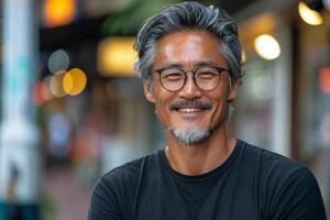 asiático hombre vistiendo lentes y negro camisa foto