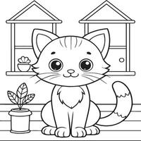 In the foreground a single baby cat in home . Cat in home coloring pages vector