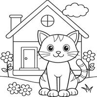 In the foreground a single baby cat in home . Cat in home coloring pages vector