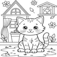 In the foreground a single baby cat in home . Cat in home coloring pages vector