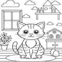 In the foreground a single baby cat in home . Cat in home coloring pages vector