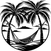 The summer beach. Silhouette palm trees and sunset. Design of greeting cards, posters, patches. vector