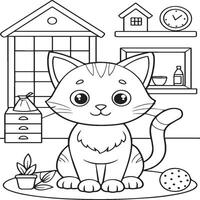 In the foreground a single baby cat in home . Cat in home coloring pages vector
