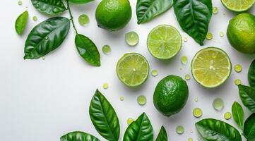 Limes and Leaves on White Background - Lime photo