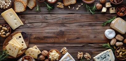 Various Types of Cheese on a Wooden Table photo