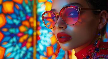 Woman in Sunglasses Posing on Colorful Background photo