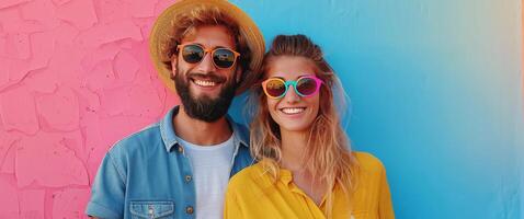 Stylish Man and Woman Posing in Front of Colorful Wall photo