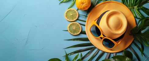 Yellow Hat, Sunglasses, Leaves on Blue Background photo