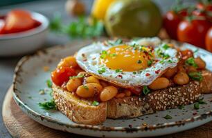 Plate of Toast With Beans and Egg photo