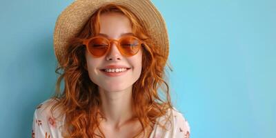 Girl With Red Hair Wearing Sunglasses and Straw Hat photo