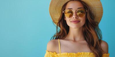 niña con rojo pelo vistiendo Gafas de sol y Paja sombrero foto