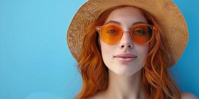 Girl With Red Hair Wearing Sunglasses and Straw Hat photo