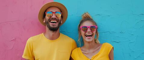 Stylish Man and Woman Posing in Front of Colorful Wall photo