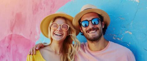 Stylish Man and Woman Posing in Front of Colorful Wall photo