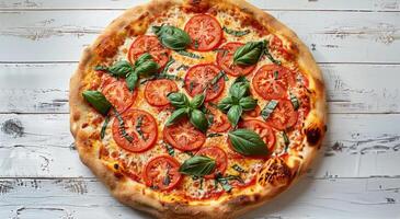Pizza con Tomates y albahaca en de madera mesa foto