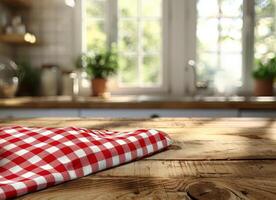 Red and White Checkered Cloth on Wooden Table photo