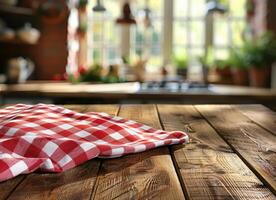 Red and White Checkered Cloth on Wooden Table photo